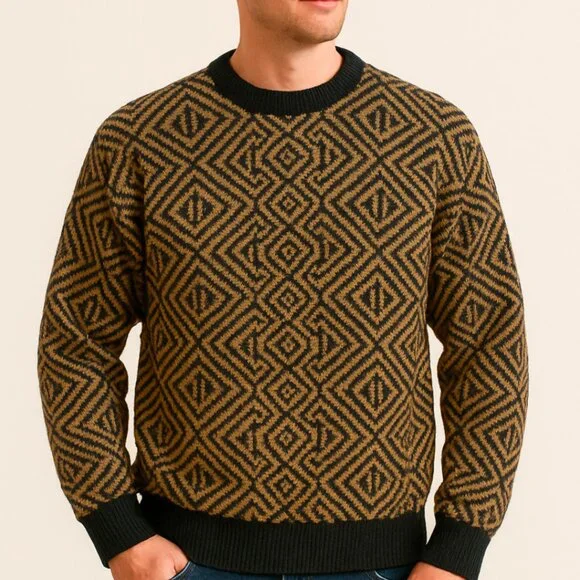 Vintage Bullock & Jones Alpaca Sweater XL Tan Black Geometric Made in Italy - Picture 3 of 9